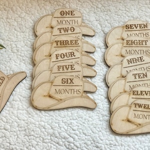 Personalized Baby Monthly Milestone Marker Cowboy Hat | Cowgirl Hat Milestone Set | Baby Shower Gift | Birth Announcement | Engraved Wood