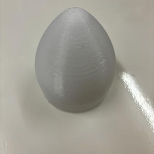 May include: A white, egg-shaped object with a rounded top and a flat base. The surface has a textured, ridged pattern. The object is sitting on a white surface.