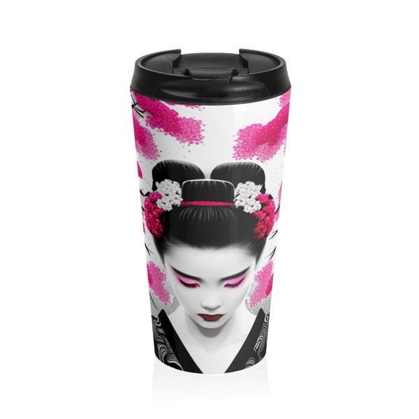 Geisha mit rosa Kirschblüten-Edelstahl-Reisebecher 15 oz