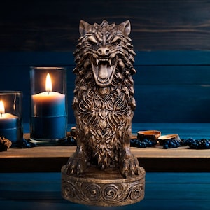 Fenrir Statue Fenrir Norse Wolf Statue Viking Wood Carving for Norse Pagan Decor Fenrir Wolf Statue Fenrir God Norse Gods Altar Wolf Statue