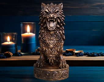 Fenrir Statue Fenrir Norse Wolf Statue Viking Wood Carving for Norse Pagan Decor Fenrir Wolf Statue Fenrir God Norse Gods Altar Wolf Statue