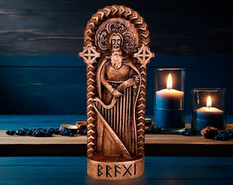 Bragi Statue Norse Gods Wood Carving Altar Heathen Asatru Viking God and Goddes Sculpture Wooden Scandinavian Pantheon Ancient Paganism Gift