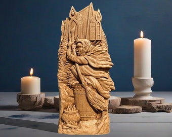May include: A wooden carving of a witch flying on a broomstick, with a cauldron and flames in the foreground. The carving is detailed and realistic, with a textured surface.