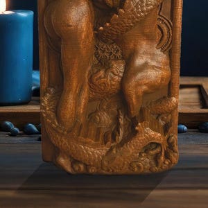 May include: A wooden carved sculpture with intricate details, surrounded by three lit candles on a wooden table. Two candles are blue and one is white.