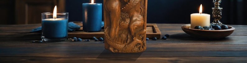 May include: A wooden carved sculpture with intricate details, surrounded by three lit candles on a wooden table. Two candles are blue and one is white.