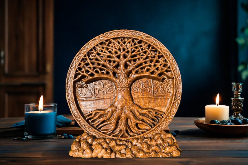 May include: A wooden carving of the Tree of Life, a symbol of growth, strength, and interconnectedness. The carving is detailed and intricate, with a circular design and a base of small stones.