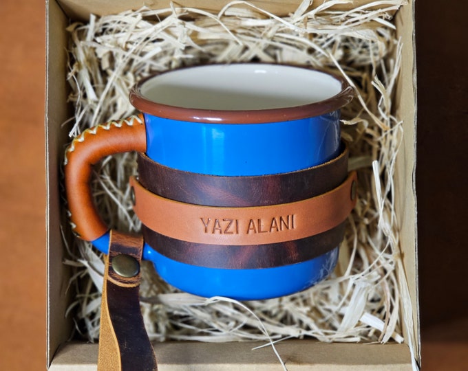 Camping Mug, Mug Gift, Travel Mug, Forest mug, Outdoor Mug, Mountain Mug, Personalized Enamel Mug, Leather Enamel Mug