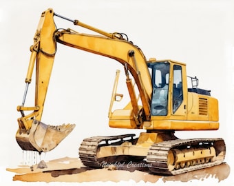 May include: A yellow excavator with a large metal arm and a bucket. The excavator is on a dirt surface and has a white background.