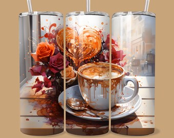Valentine Coffee Tumbler Wrap PNG: Floral Heart Design (Digital Download)