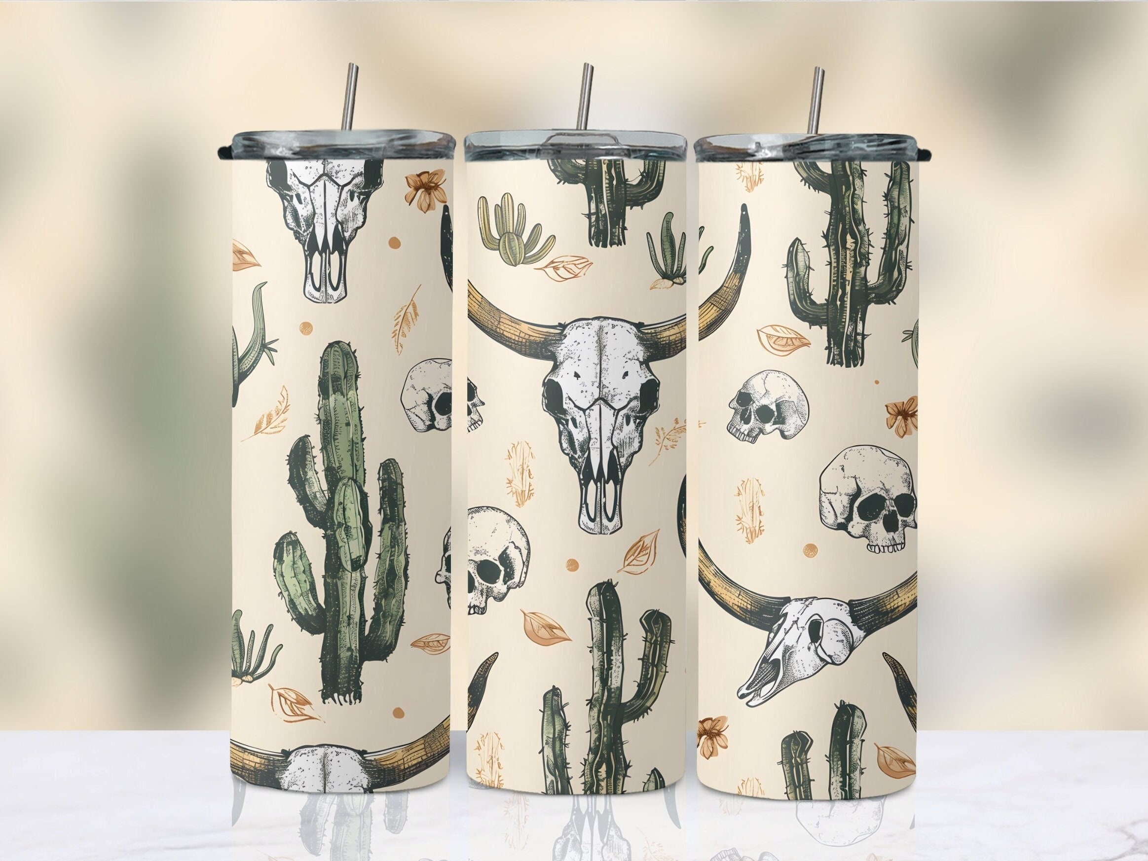 Western Tumbler Wrap PNG: Cowgirl Skulls & Cactus (Digital Download)
