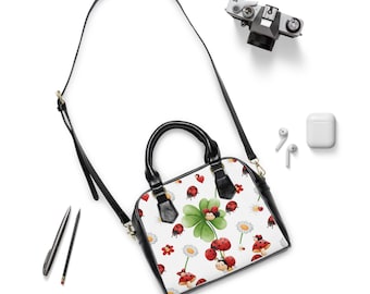 Ladybug Shoulder Handbag: Clover & Floral Print, Adjustable Strap, Lady Bug Tote