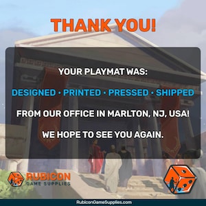 End-of-order message from Rubicon Game Supplies with a temple graphic and 'Thank You!' text.