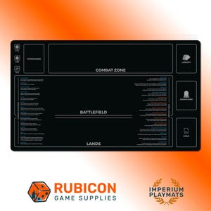May include: Black rectangular playmat with white text and graphics for a card game. The mat features zones labeled "Commander", "Combat Zone", "Library", "Graveyard", and "Exile". The "Rubicon Game Supplies" logo is at the bottom.