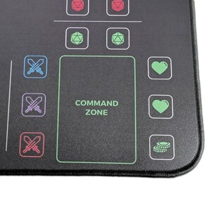Close-up of a green command zone and heart life icons on the Commander Mini Dashboard playmat