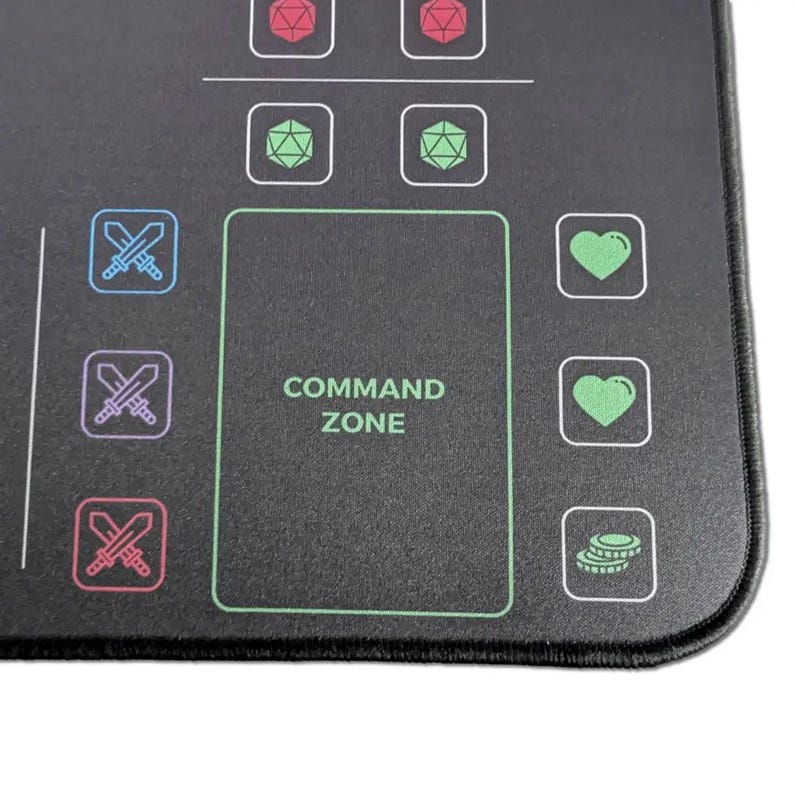 Close-up of a green command zone and heart life icons on the Commander Mini Dashboard playmat