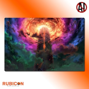 May include: A rectangular playmat featuring a fantasy scene with a tall, dark tower rising towards a swirling, colorful nebula. The tower has glowing orange accents. The mat has the Rubicon Game Supplies logo.