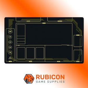 May include: A black rectangular gaming mat with a yellow geometric design. The mat features designated areas for cards, dice, and other game components. The Rubicon Game Supplies logo is at the bottom.