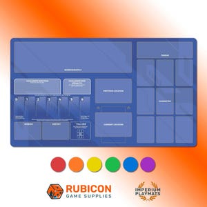May include: A blue game mat with labelled sections for dice, tokens, and locations. The mat includes the text "Challenge Dice Pool," "Challenge Dice (Penalty)," and "Current Location." The Rubicon Game Supplies logo is at the bottom.