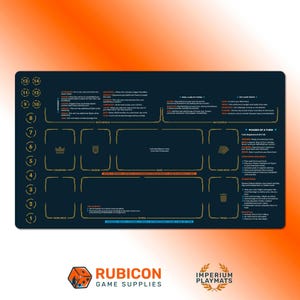 May include: A rectangular, dark blue playmat with a detailed layout for a card game. The mat features labeled zones, text descriptions, and the logos of "Rubicon Game Supplies" and "Imperium Playmats".