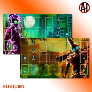 Radlands compatible player playmats, unofficial fan content, set of two, 24" x 14", themed tabletop game accessory, no AI, original artwork