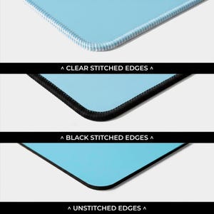 Comparison of clear, black, and unstitched edges on a blue mat.