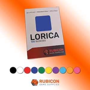 May include: A white box of LORICA card sleeves with a blue square and the text "100 SLEEVES." The box is labeled "66 x 91 mm | Standard Size | Ultra Clear." The Rubicon Game Supplies logo is at the bottom. A row of colored circles is below.
