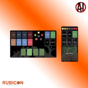 May include: Two black game mats with a variety of labeled sections and card slots. One mat is rectangular with labels like "Death", "Poison", and "Enemies". The other is vertical with labels like "Character" and "Head". The Rubicon Game Supplies logo is at the bottom.