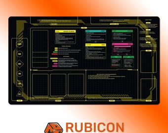 Tapete de juego Cyberpunk TCG para aprender a jugar, 61 x 35,5 cm. Fase de nuevo jugador y referencia de reglas.