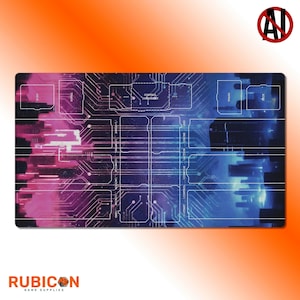 May include: A rectangular playmat with a circuit board design in shades of pink and blue. The mat features labeled zones and a cityscape silhouette. The Rubicon Game Supplies logo is visible in the bottom left corner.