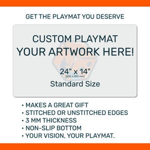 Promotional graphic for custom playmat with customizable artwork, size 24" x 14", and features listed.