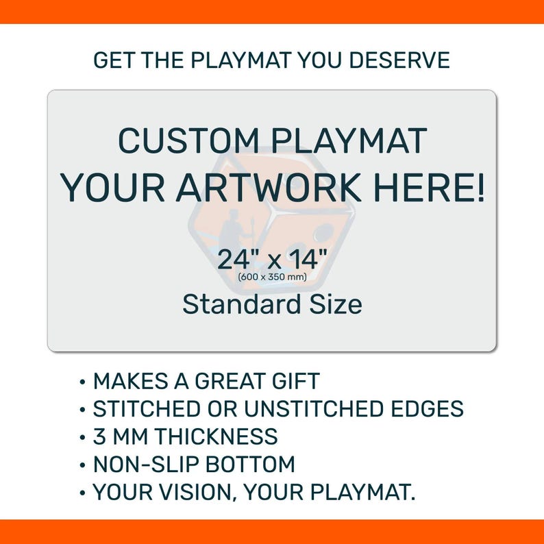 Promotional graphic for custom playmat with customizable artwork, size 24" x 14", and features listed.