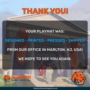 End-of-order message from Rubicon Game Supplies with a temple graphic and 'Thank You!' text.