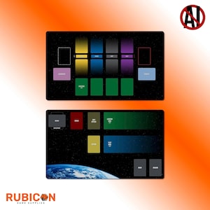 May include: Two black game mats with a space theme. The top mat has colored sections labeled "Cards", "Ship", and "Buy". The bottom mat features a planet graphic and sections labeled "Captain" and "Fleet Area". The Rubicon Game Supplies logo is at the bottom.