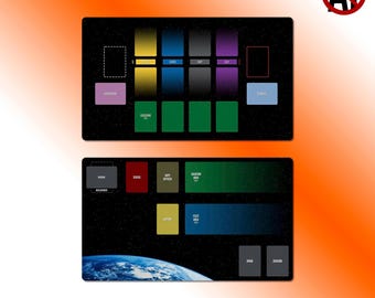 Star Trek Captain’s Chair playmat, market or player layout, 24"x14" neoprene mat, stitched edges, compatible fan accessory