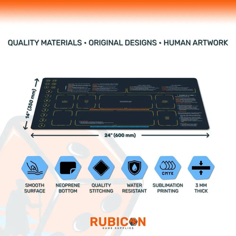 Riftbound TCG New Player playmat, 24 x 14 inches, 3 mm neoprene, features and specs