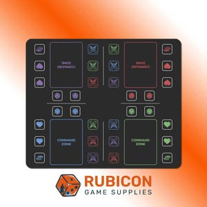 Commander Mini Dashboard playmat with four command zones and life, damage and counter icons