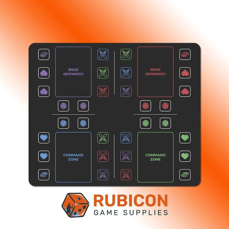 Commander Mini Dashboard playmat with four command zones and life, damage and counter icons