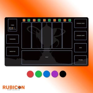 May include: Black game mat with a stylized graphic and text labels for card game play. Features areas for Forge, Forgeborn, Banish Pile, Upgrade Cards, Deck, and Discard. Includes colored circles and the Rubicon Game Supplies logo.