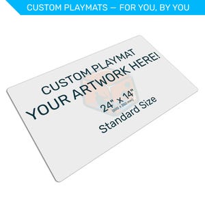 Custom playmat with text and placeholder image on a white background