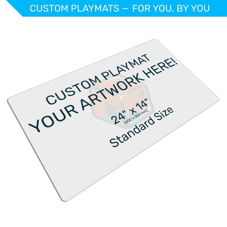 Custom playmat with text and placeholder image on a white background