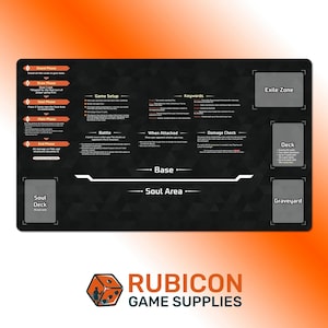 May include: A black rectangular game playmat featuring a geometric pattern and white text instructions for game phases, setup, keywords, and battle mechanics. The mat includes designated zones for the deck, graveyard, soul deck, and exile zone.