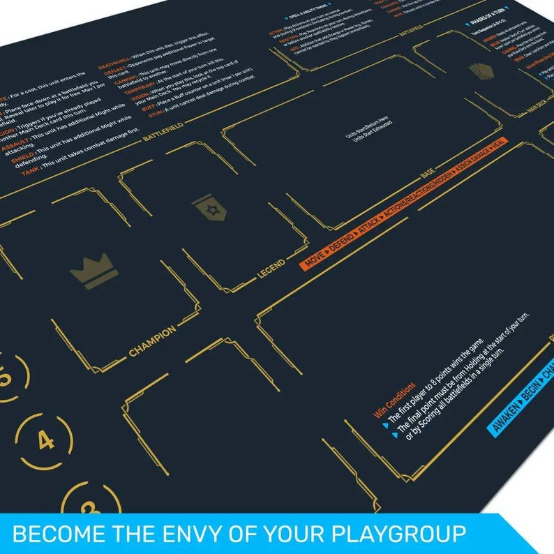 Close-up of the Riftbound TCG New Player playmat's champion, legend and score zones