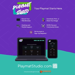 Advertisement for Playmat Studio with laptop and phone on a purple and green gradient background