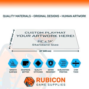 Custom playmat with dimensions and features on a white background, featuring Rubicon Game Supplies branding.