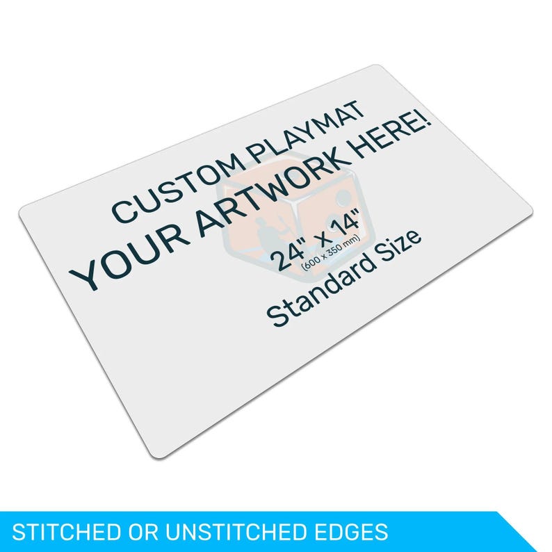 Custom playmat with text and dimensions on a white background