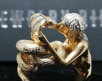 Woman snake kiss, woman kissing a cobra snake, Silver 925 snake ring
