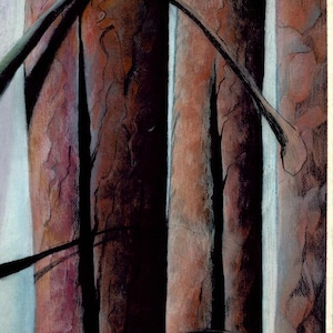 May include: A painting of a forest scene with tall, slender trees. The trees are painted in shades of brown, red, and black, with a hint of blue in the background. The painting has a textured, almost abstract feel.