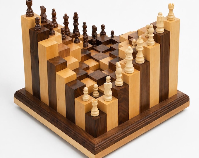 3D Chess Board Handmade – Solid Walnut & Maple End Grain Chess Set – Wooden Sculptural Chess Board – Luxury Gift for Him