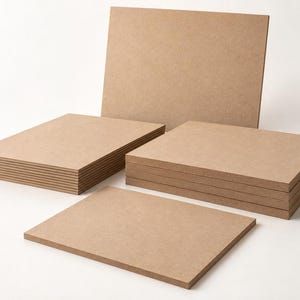 May include: A collection of rectangular medium-density fiberboard sheets arranged in multiple stacks. The boards feature a smooth, light brown, uniform wood-fiber texture with clean, sharp edges and a flat, matte surface finish on all sides.