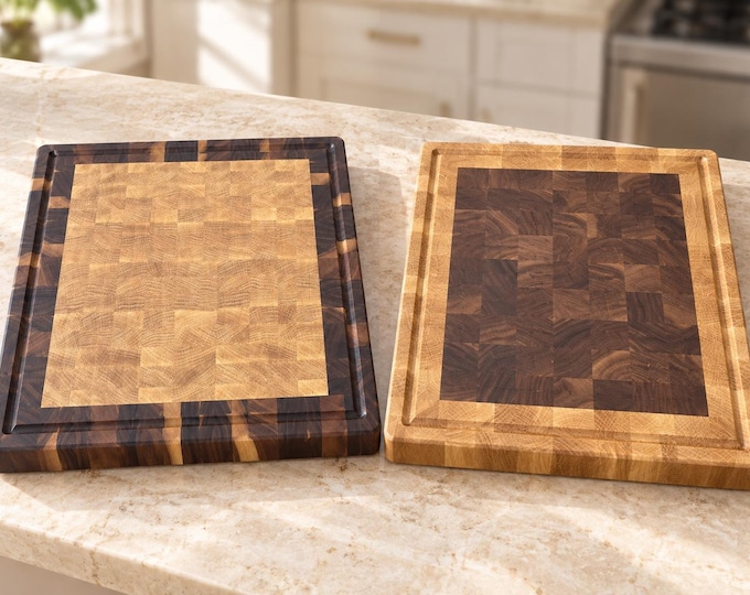 Walnut & White Oak End Grain Cutting Board, 1-3/4" Thick, Optional Juice Groove